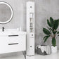 White tall narrow bathroom storage cabinet with open shelves and drawers, black knobs