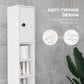 Wall-anchorable white narrow bathroom storage cabinet with door, open shelves, black knob