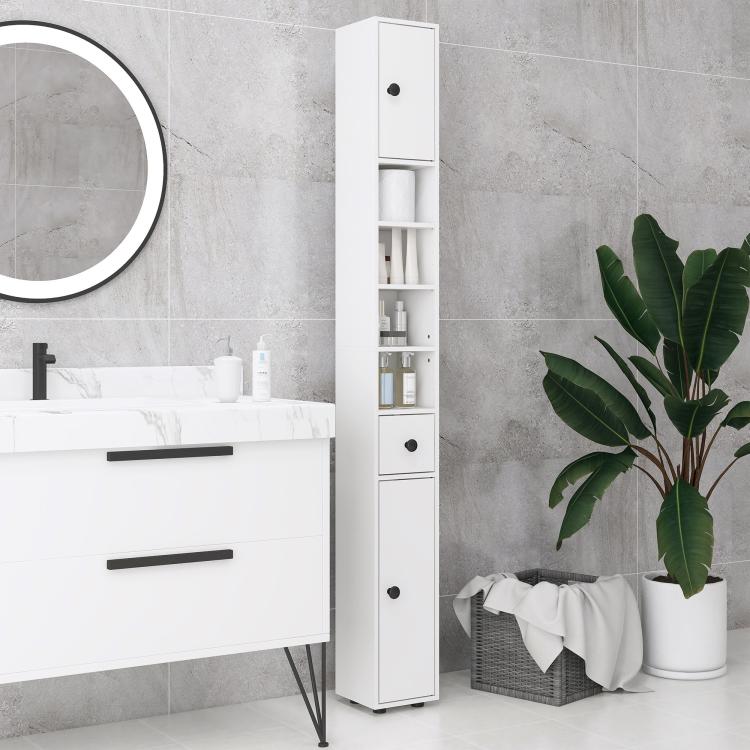 White tall narrow bathroom storage cabinet with open shelves and drawers, black knobs
