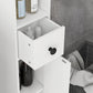 White narrow bathroom storage cabinet with pull-out drawer, open shelf, and black knobs