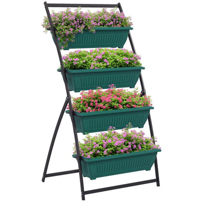 4-tier vertical raised planter with four green boxes and black metal stand, flowering plants