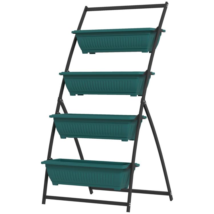 Four-tier green planter boxes on black metal stand, front view