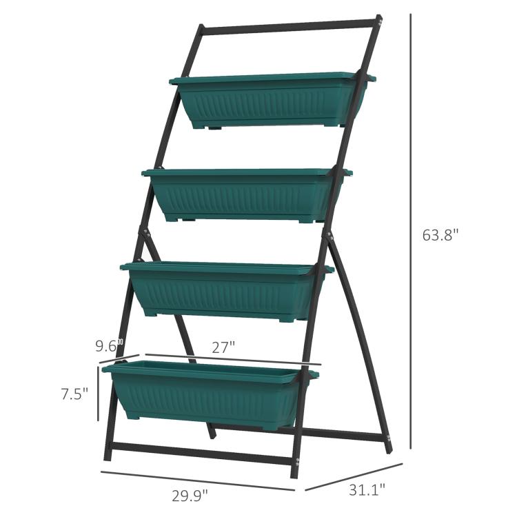 Green 4-tier vertical planter with black frame; size diagram