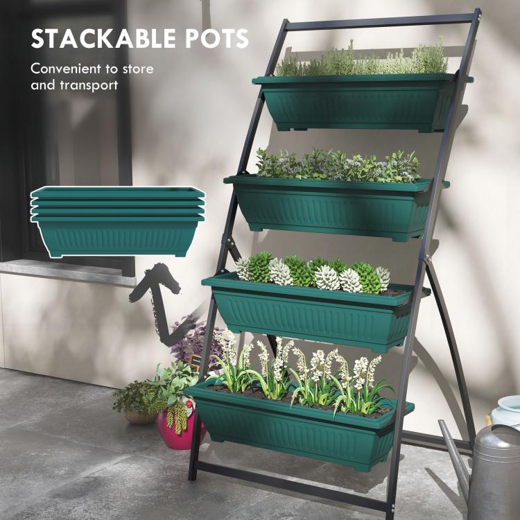 4-tier vertical planter with stacked green boxes on black stand; small pots nearby