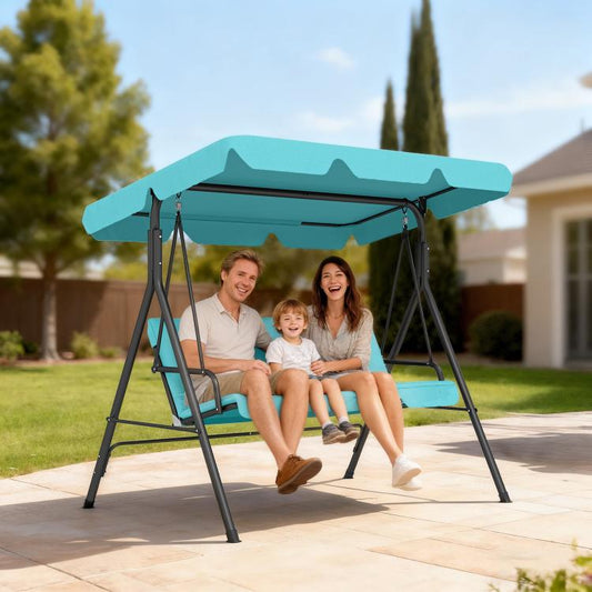 Outdoor patio 3-seat swing chair with teal canopy and removable cushions for lounging