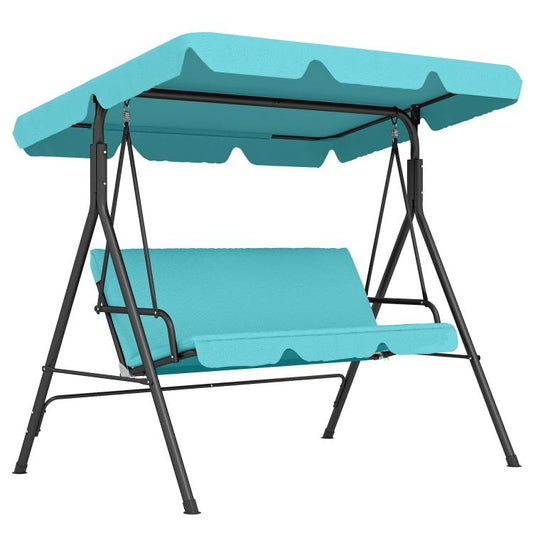 Outdoor 3-seat swing chair with teal cushions and adjustable tilt canopy, steel frame