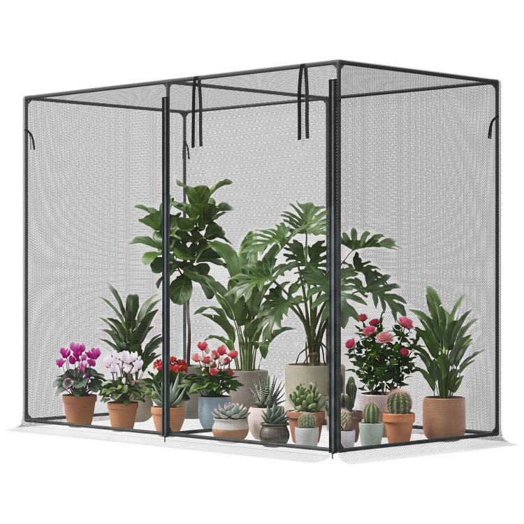 Black mesh crop cage with upright frame and potted flowers and herbs inside