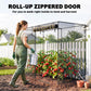 Black mesh crop cage with roll-up zip door over dense tomato plants