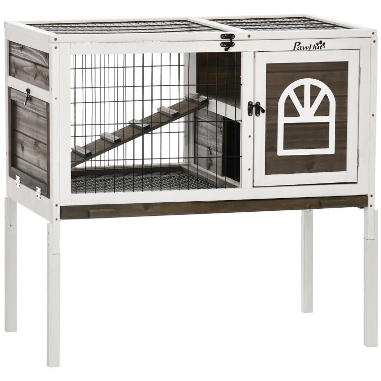 Coffee-colored elevated wooden rabbit hutch cage with wire mesh door and access panels