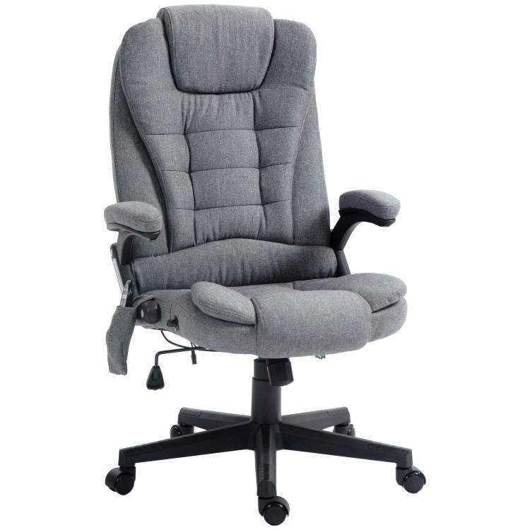 Gray office chair with tall backrest, padded seat, and side control lever