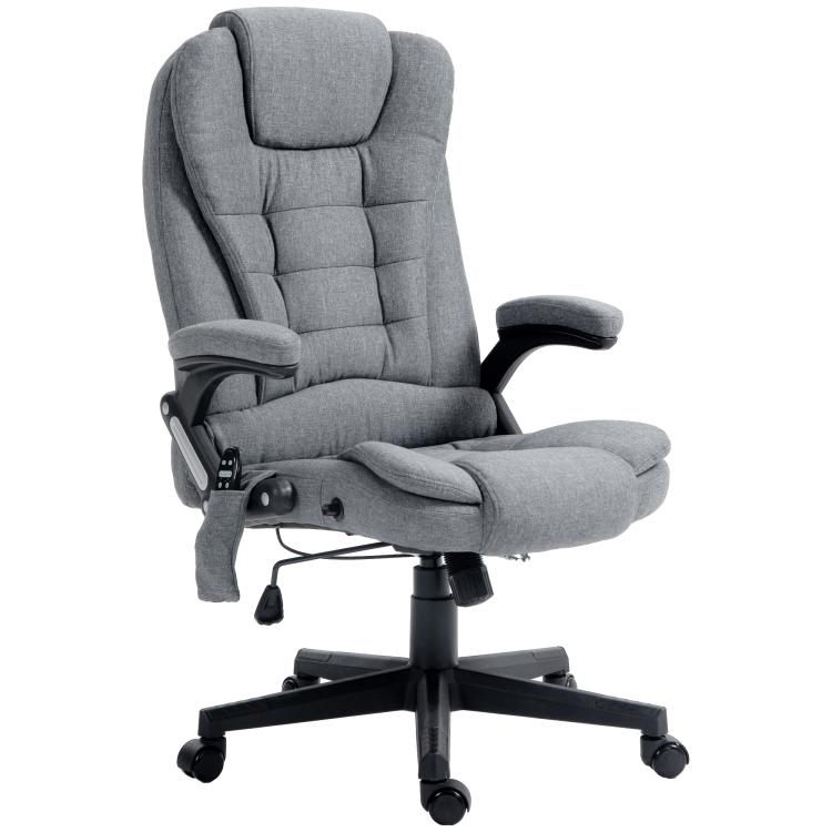 Gray linen high-back massage chair, side view with recline and swivel base