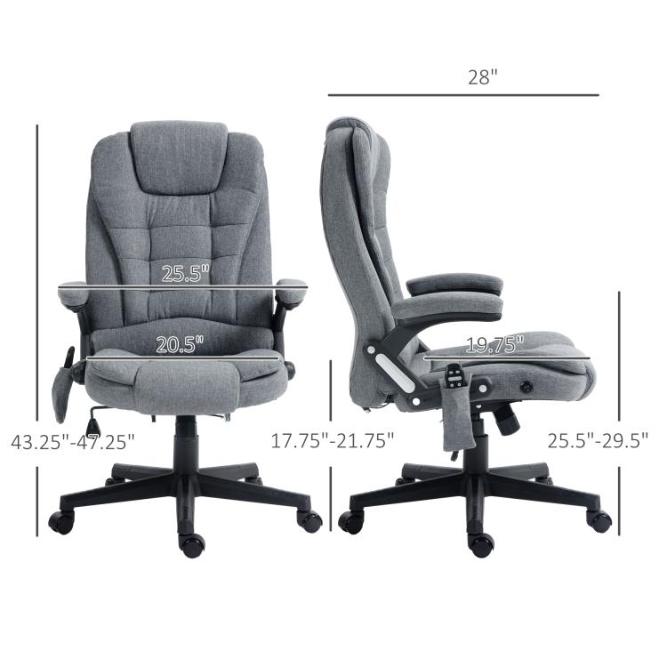 Gray massage office chair showing upright back and extendable footrest with armrest pads