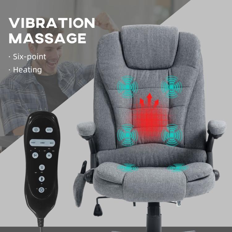 Gray massage chair with illuminated vibration points and red heat area on the backrest