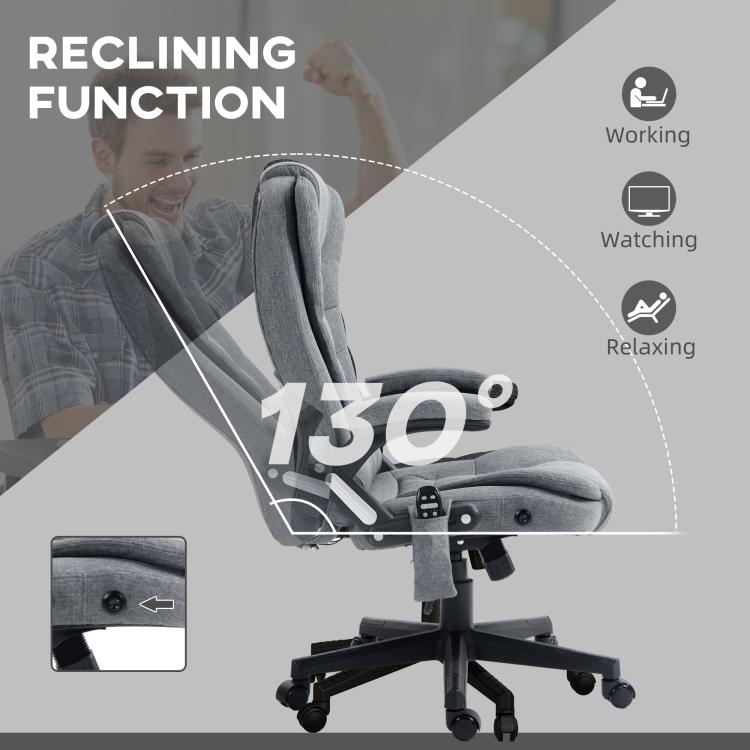 Gray reclining massage chair positioned back with extended footrest on wheeled base