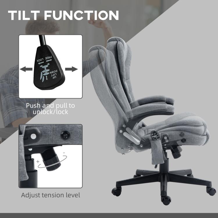 Gray tilt massage chair with adjustable tension lever and padded seat and armrests