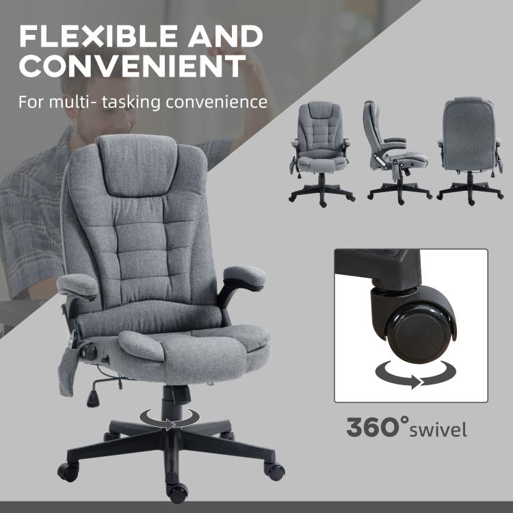 Gray massage office chair with smooth 360-degree swivel base and rolling caster feet