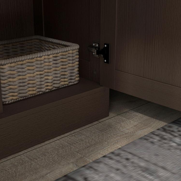 Dark wood storage cabinet with open shelves and door hinges, shown with a basket