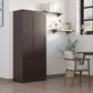 Dark brown pantry storage cabinet with hinged double doors and silver bar handles