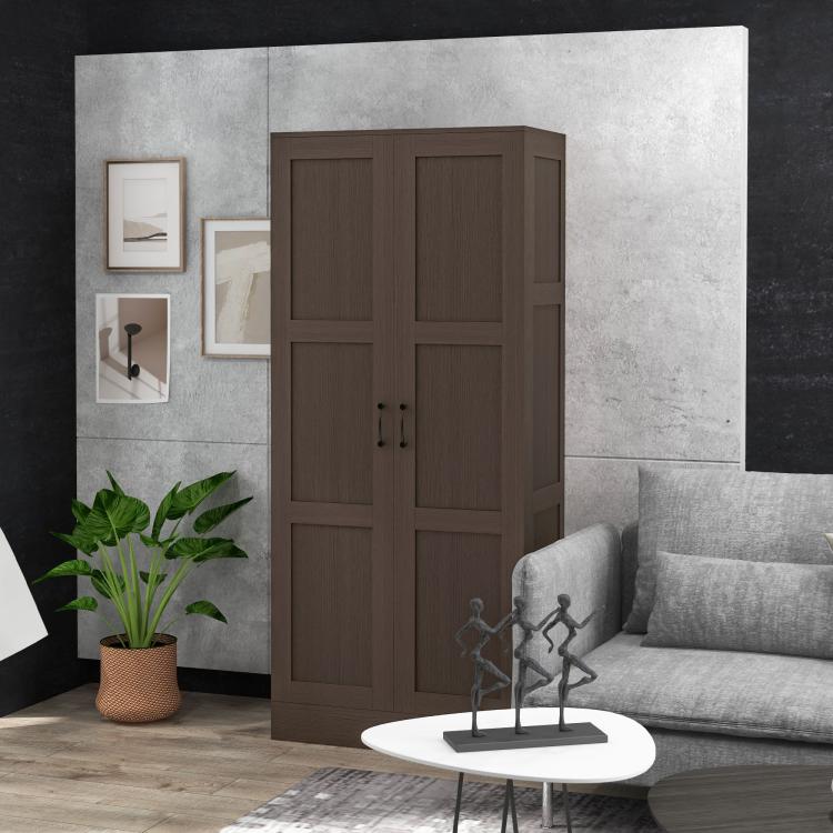 Dark brown cabinet with double doors, four-panel design, and silver bar handles