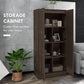 Dark brown storage cabinet with doors open to reveal interior shelves and storage space