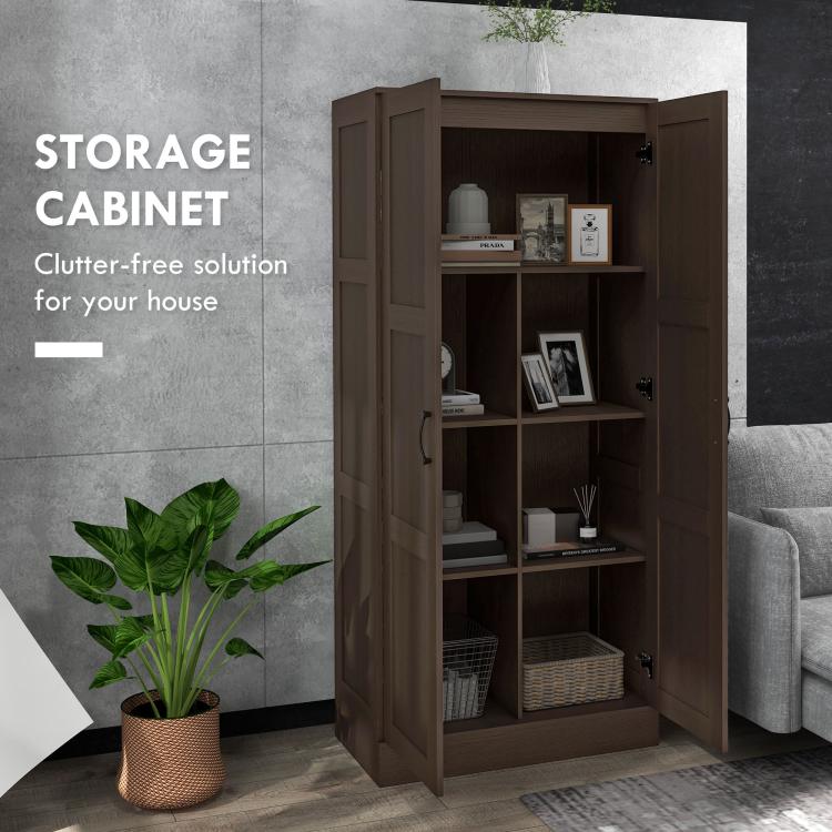 Dark brown storage cabinet with doors open to reveal interior shelves and storage space
