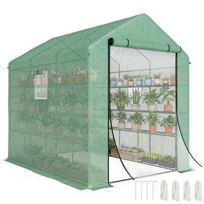 Green mesh temporary greenhouse with roll-up zip door and side windows, sturdy frame