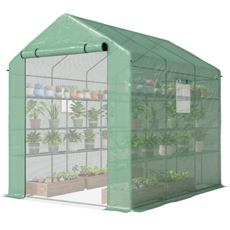 Green portable mesh greenhouse with zip door and clear side panels, tubular steel frame