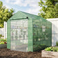 Outdoor green mesh greenhouse with tall steel frame and transparent walls for plants