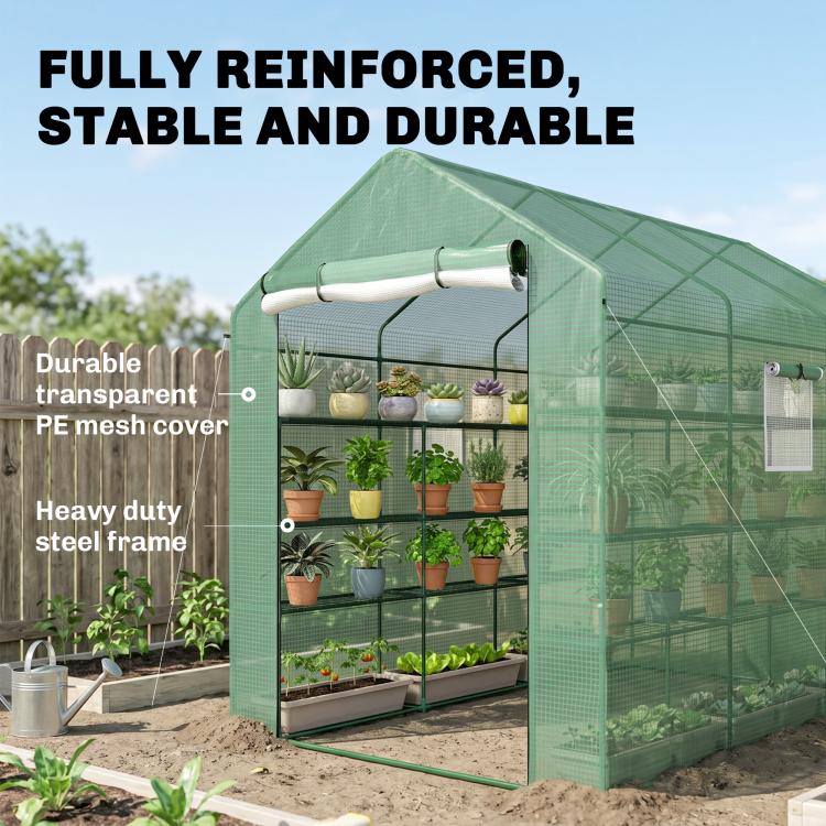 Green reinforced mesh greenhouse with heavy-duty steel frame and clear transparent panels