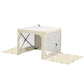 Pop-up canopy tent with open front panels and light beige fabric, extended sides