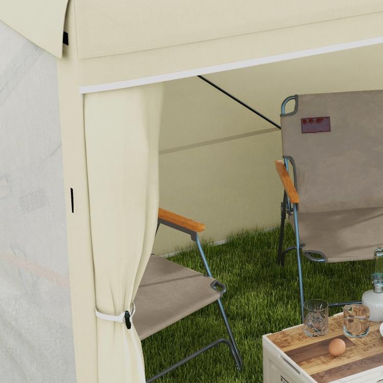 Cream pop-up canopy tent with open side and attached side curtain panel