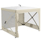 Cream pop-up canopy tent with side windows and mesh panels, raised frame