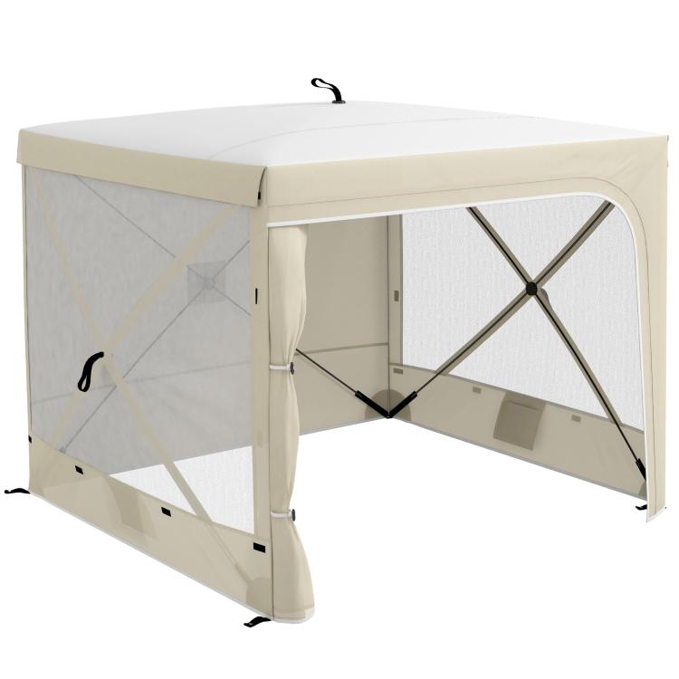 Cream pop-up canopy tent with side windows and mesh panels, raised frame