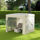 Pop-up canopy tent with open mesh windows and side curtains, light beige fabric