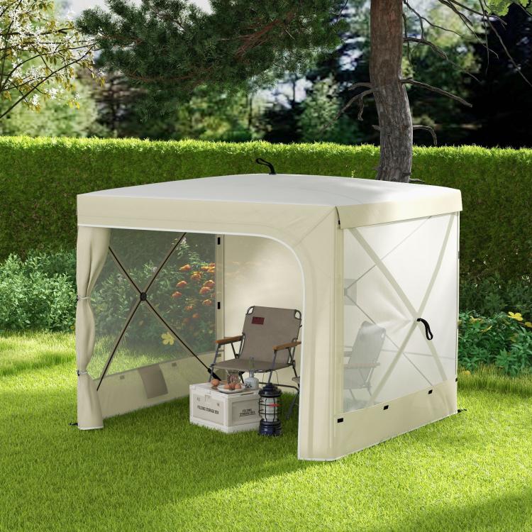Pop-up canopy tent with open mesh windows and side curtains, light beige fabric