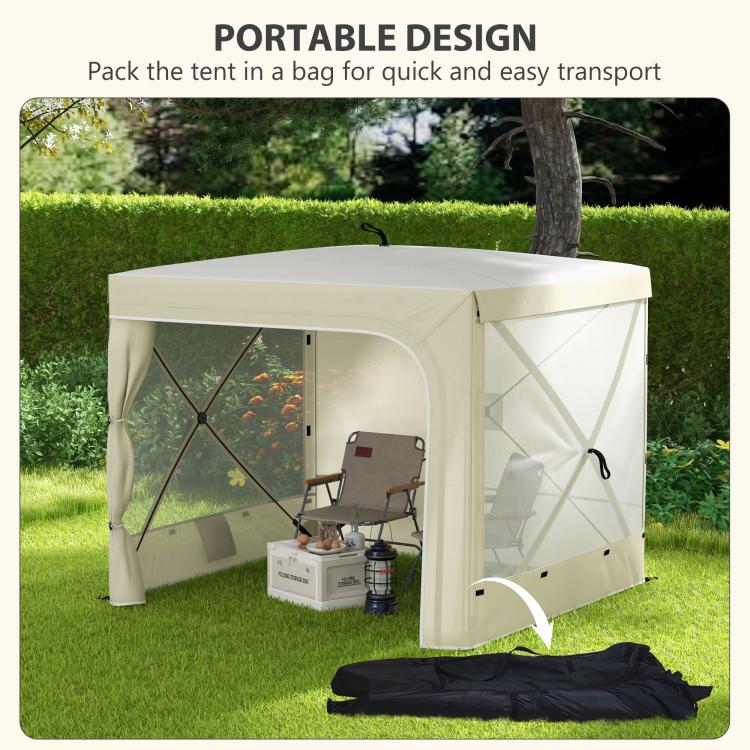 Pop-up canopy tent with open side panels and carry bag, light beige fabric