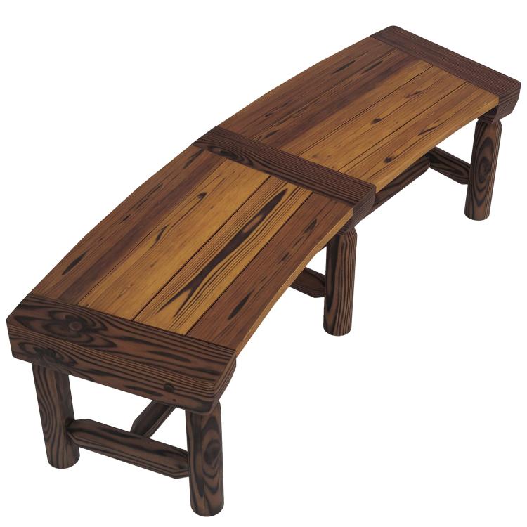 Wooden outdoor tree bench with dark brown slatted seat and corner legs