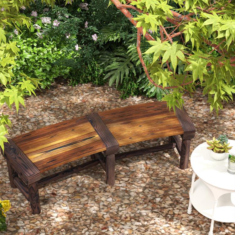Wooden semicircular outdoor tree bench with dark brown slatted seat and back supports