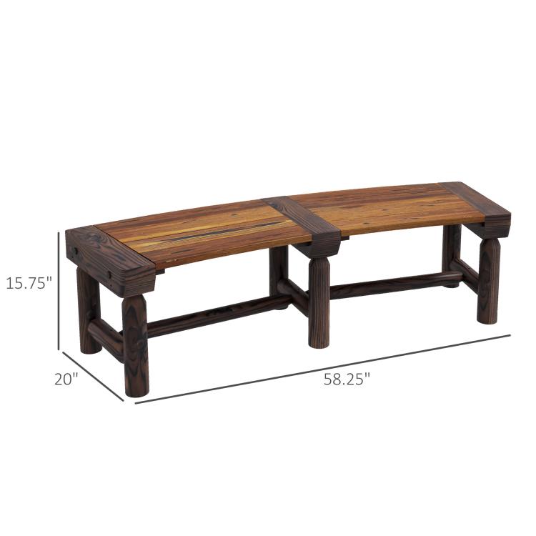 Wooden outdoor tree bench with dark brown slatted seat and end panels