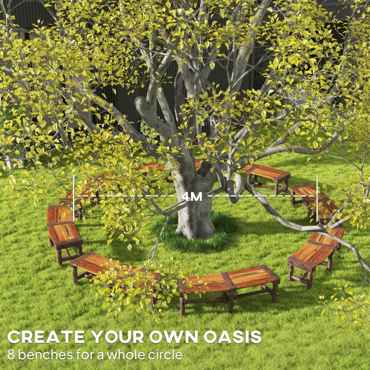 Wooden outdoor tree bench set with dark brown slatted seats arranged around a tree