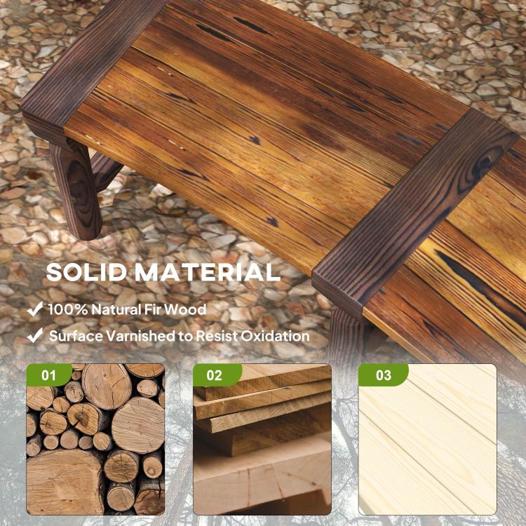 Wooden outdoor bench corner post and dark brown slatted seat detail