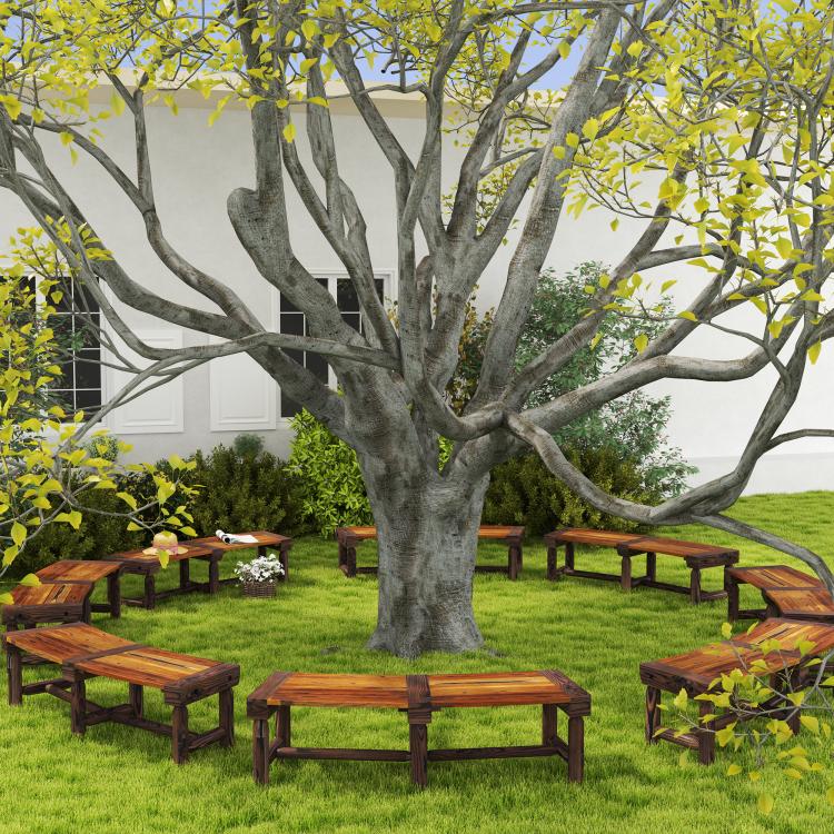 Wooden outdoor tree bench set with dark brown slatted seats around a large tree