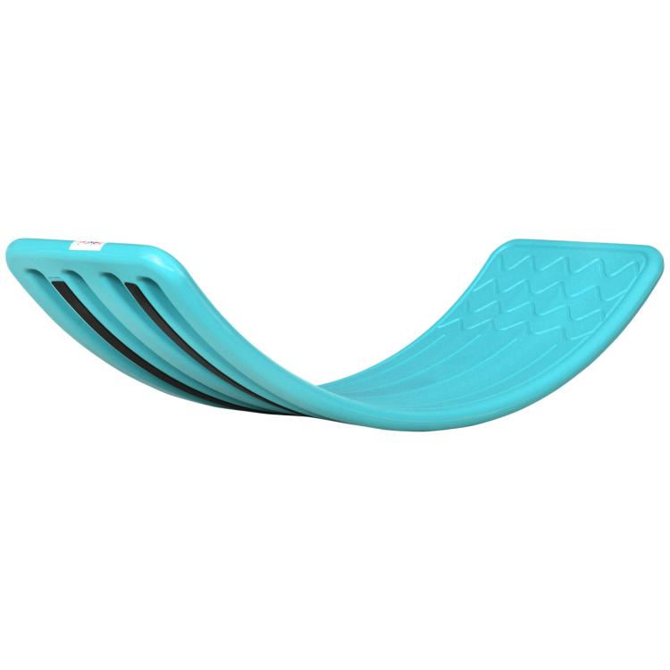 Teal-blue wobble board with zigzag grip texture and curved rocker design