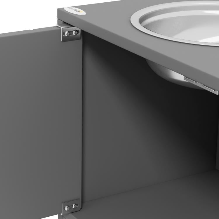 Gray elevated dog bowl cabinet with open storage compartment and metal latches