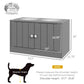 Gray raised dog feeder cabinet with two stainless bowls, size dimensions shown