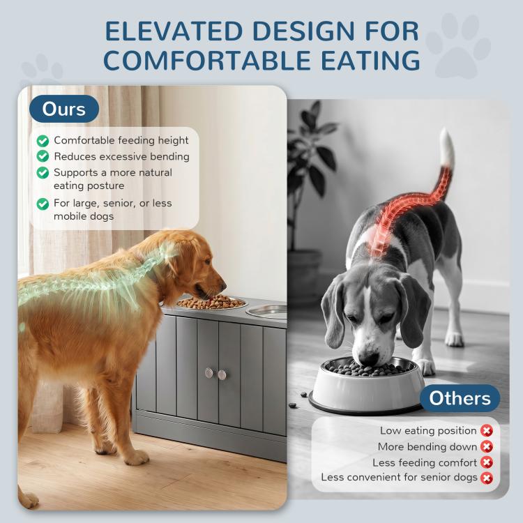Gray elevated dog food cabinet with two bowls for comfortable eating height