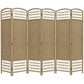 Natural 6-panel folding room divider with woven lattice and arched upper sections