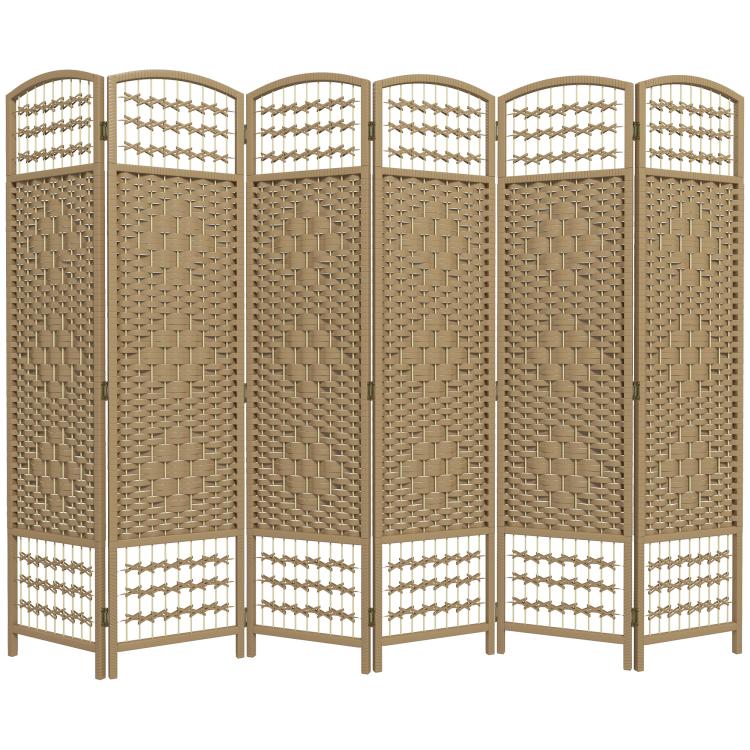 Natural 6-panel folding room divider with woven lattice and arched upper sections