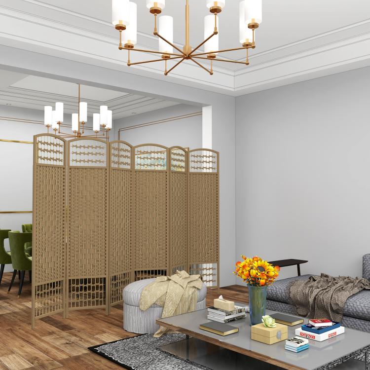 Natural 6-panel folding privacy screen partition with arched lattice tops in living room