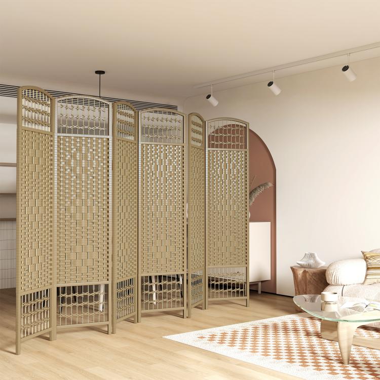 Natural 6-panel folding room divider with arched lattice panels and freestanding frames